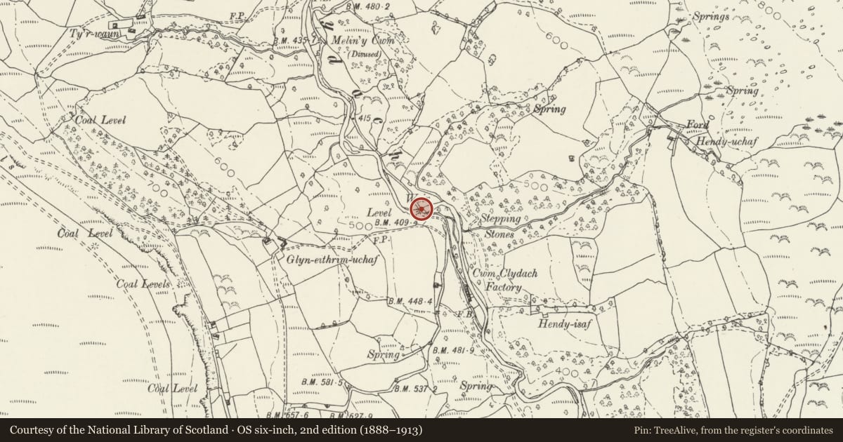 Ordnance Survey six-inch map, 2nd edition (1888–1913) covering the location of Bridge over Lower Clydach below Glynmeithrim Uchaf, Mawr, Swansea, with a pin at the register's coordinates
