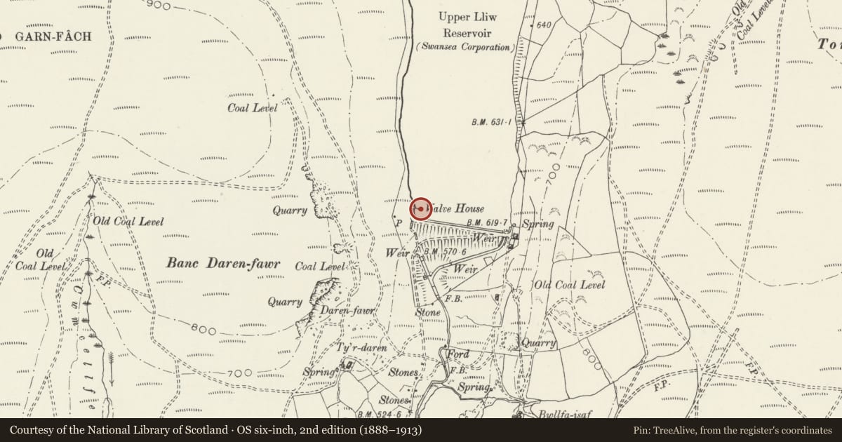 Ordnance Survey six-inch map, 2nd edition (1888–1913) covering the location of Valve tower at Upper Lliw reservoir with bridge and bridge abutment, Mawr, Swansea, with a pin at the register's coordinates