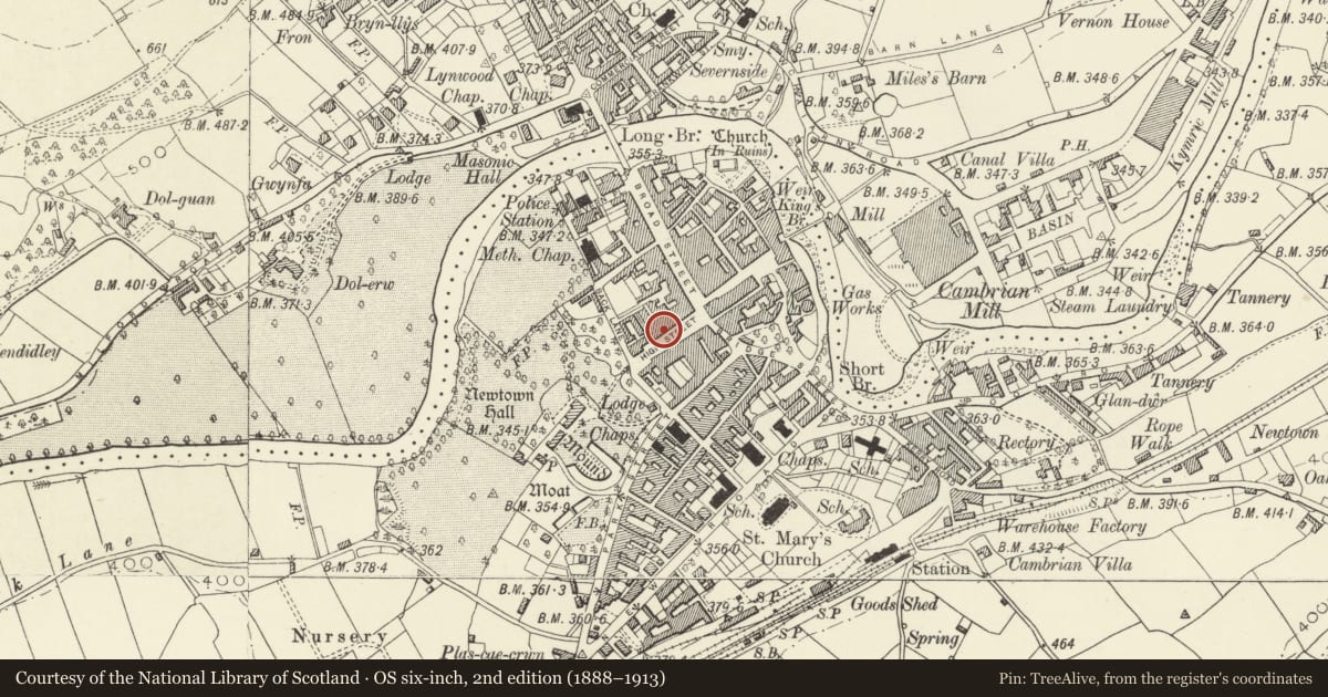Ordnance Survey six-inch map, 2nd edition (1888–1913) covering the location of Richard, George & Jenkins Solicitors, Newtown and Llanllwchaiarn, Powys, with a pin at the register's coordinates