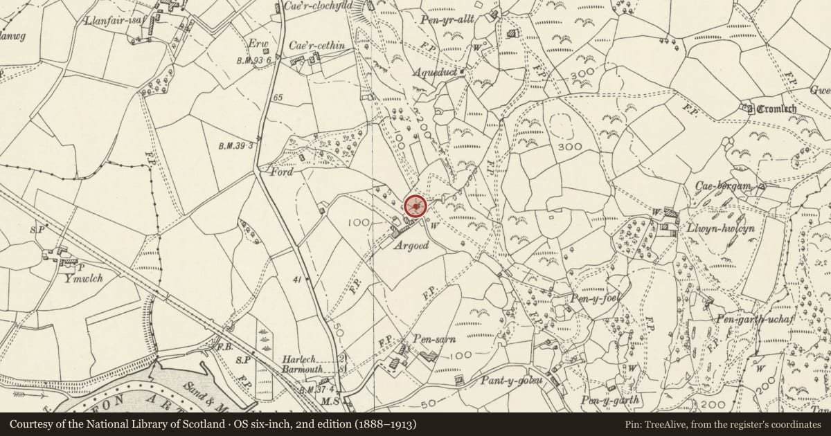 Ordnance Survey six-inch map, 2nd edition (1888–1913) covering the location of Bark mill at Argoed, Llanfair, Gwynedd, with a pin at the register's coordinates