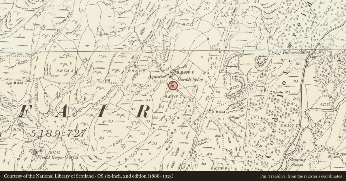 Ordnance Survey six-inch map, 2nd edition (1888–1913) covering the location of Barn (3) at Gerddi Bluog, Llanfair, Gwynedd, with a pin at the register's coordinates