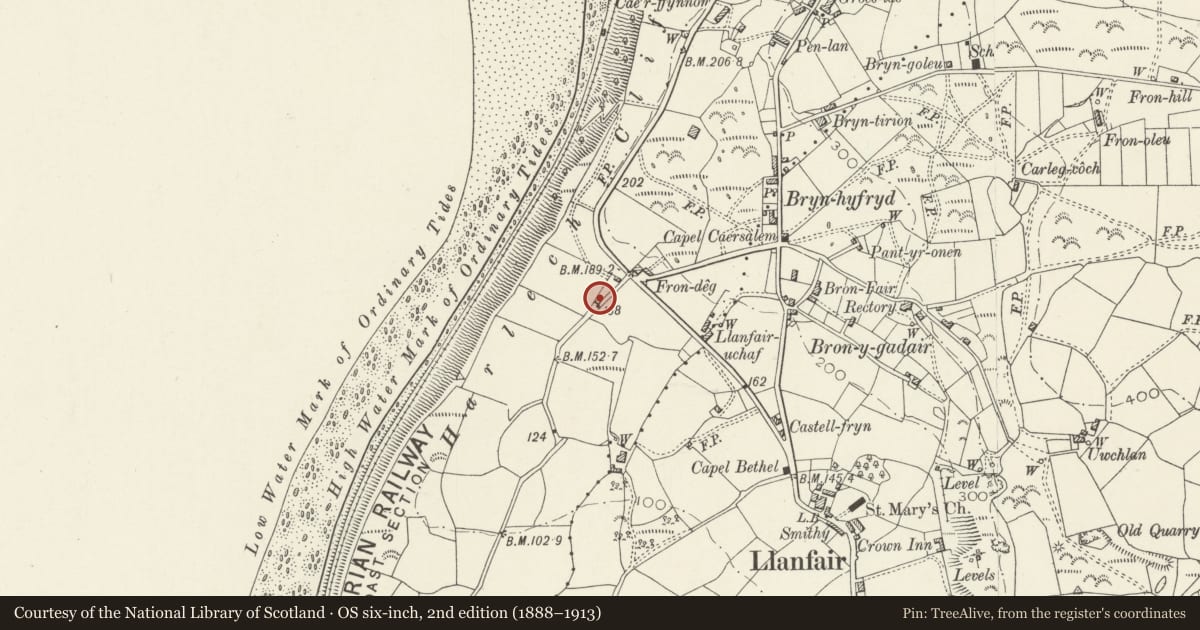 Ordnance Survey six-inch map, 2nd edition (1888–1913) covering the location of Barn at Llandanwg, Llanfair, Gwynedd, with a pin at the register's coordinates
