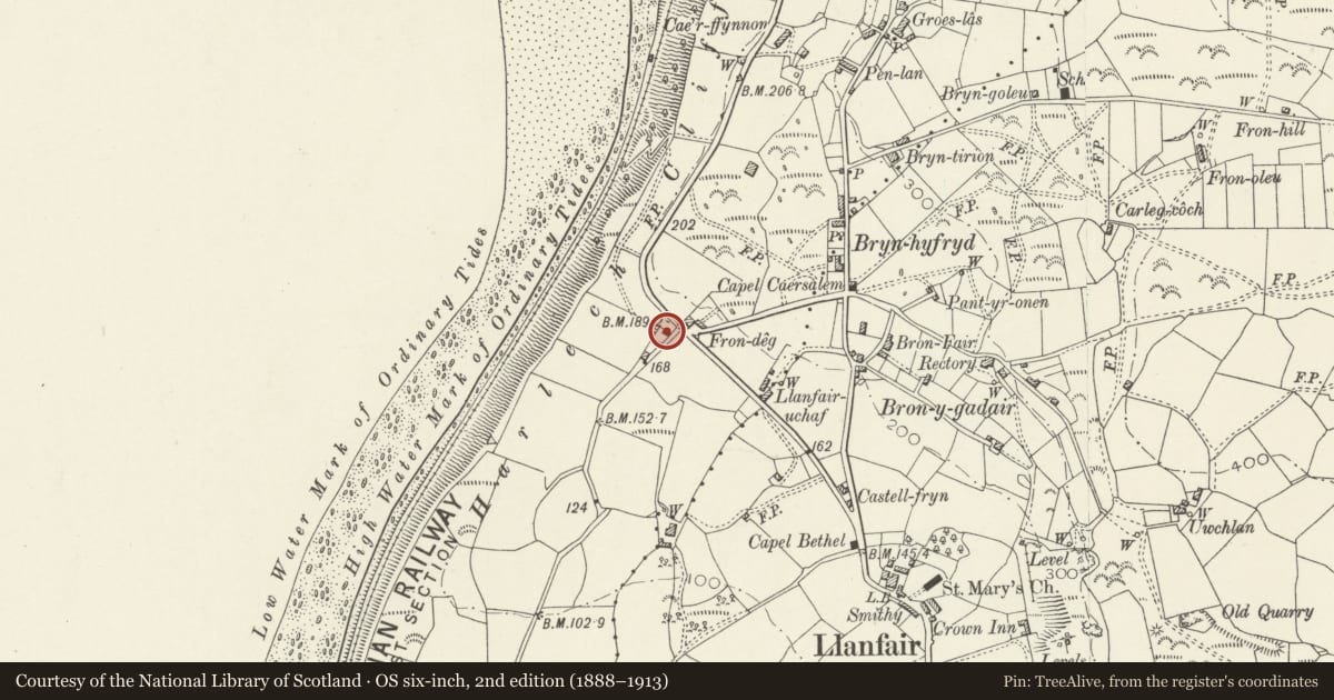Ordnance Survey six-inch map, 2nd edition (1888–1913) covering the location of Hammel at Llandanwg, Llanfair, Gwynedd, with a pin at the register's coordinates