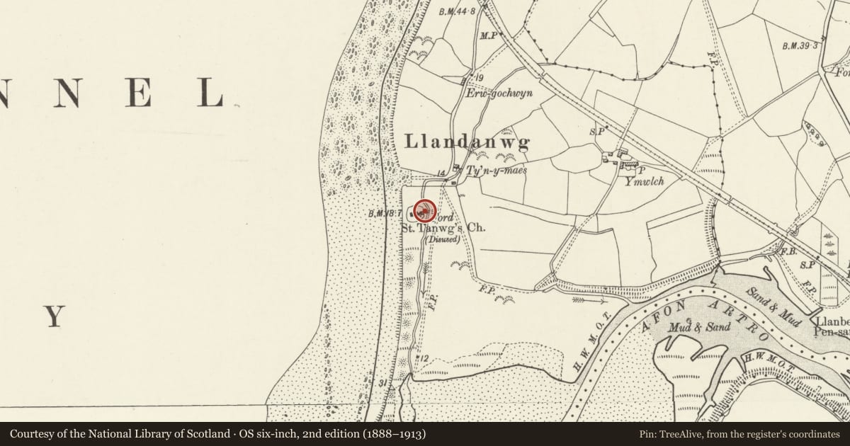 Ordnance Survey six-inch map, 2nd edition (1888–1913) covering the location of Lychgate at the Church of St Tanwg, Llanfair, Gwynedd, with a pin at the register's coordinates