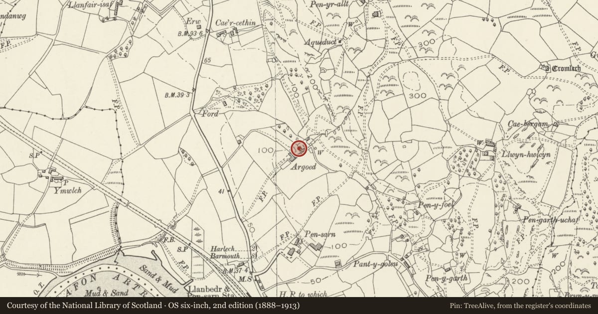 Ordnance Survey six-inch map, 2nd edition (1888–1913) covering the location of Pigsties at Argoed, Llanfair, Gwynedd, with a pin at the register's coordinates