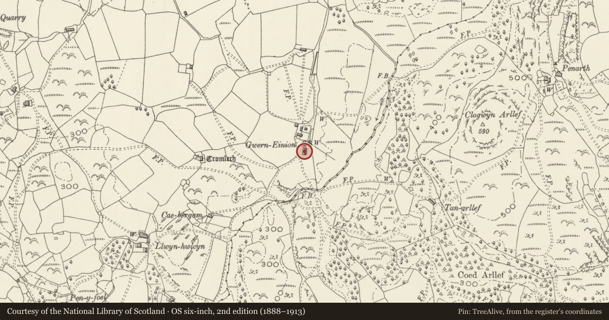 Ordnance Survey six-inch map, 2nd edition (1888–1913) covering the location of Pigsty & Brewhouse range at Gwern Einion, Llanfair, Gwynedd, with a pin at the register's coordinates