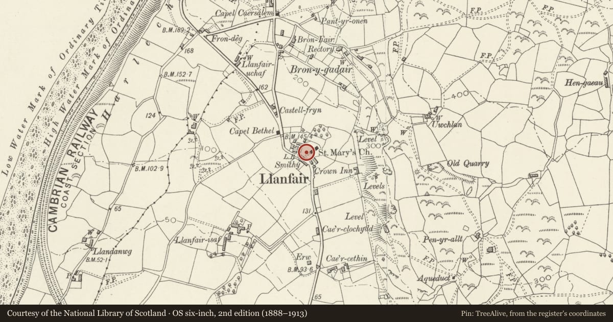 Ordnance Survey six-inch map, 2nd edition (1888–1913) covering the location of Sundial at the Church of St Mary, Llanfair, Gwynedd, with a pin at the register's coordinates