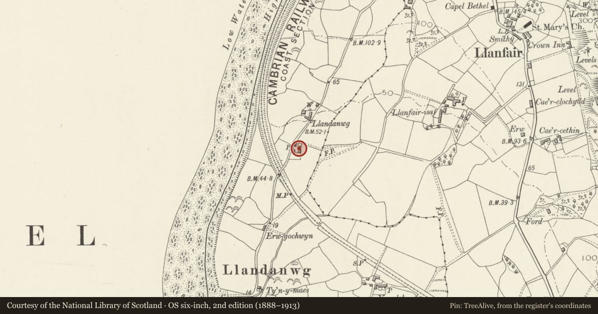 Ordnance Survey six-inch map, 2nd edition (1888–1913) covering the location of Llandanwg Farm and attached dwelling to S, Llanfair, Gwynedd, with a pin at the register's coordinates