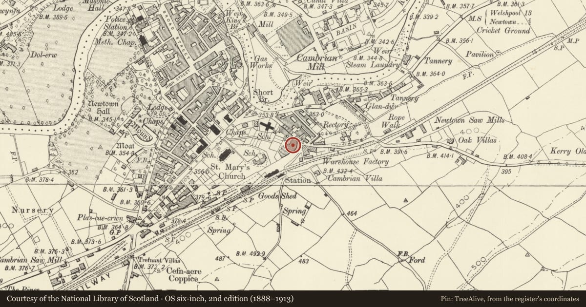 Ordnance Survey six-inch map, 2nd edition (1888–1913) covering the location of Royal Welsh Warehouse, Newtown and Llanllwchaiarn, Powys, with a pin at the register's coordinates