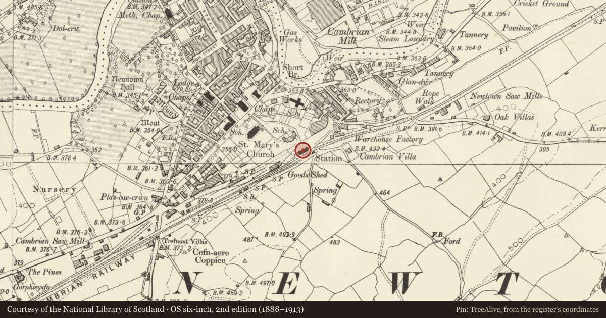 Ordnance Survey six-inch map, 2nd edition (1888–1913) covering the location of Railway Station, Newtown and Llanllwchaiarn, Powys, with a pin at the register's coordinates