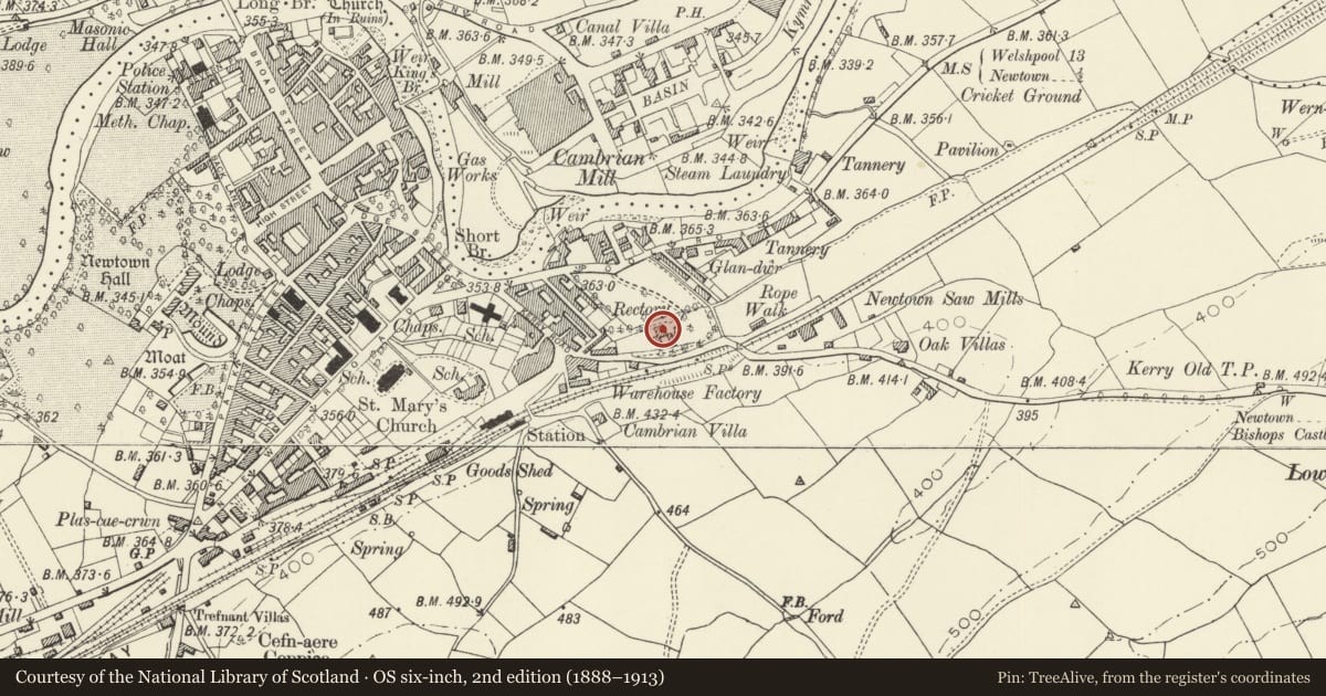 Ordnance Survey six-inch map, 2nd edition (1888–1913) covering the location of The Rectory, Newtown and Llanllwchaiarn, Powys, with a pin at the register's coordinates