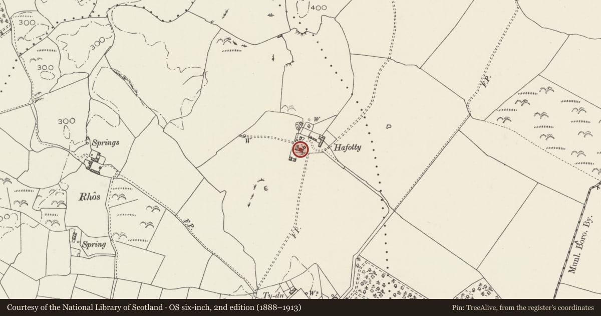 Ordnance Survey six-inch map, 2nd edition (1888–1913) covering the location of Agriculture range at Hafotty, Cwm Cadnant, Isle of Anglesey, with a pin at the register's coordinates