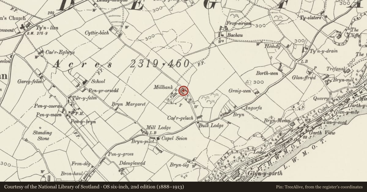 Ordnance Survey six-inch map, 2nd edition (1888–1913) covering the location of Barn at Millbank, Cwm Cadnant, Isle of Anglesey, with a pin at the register's coordinates