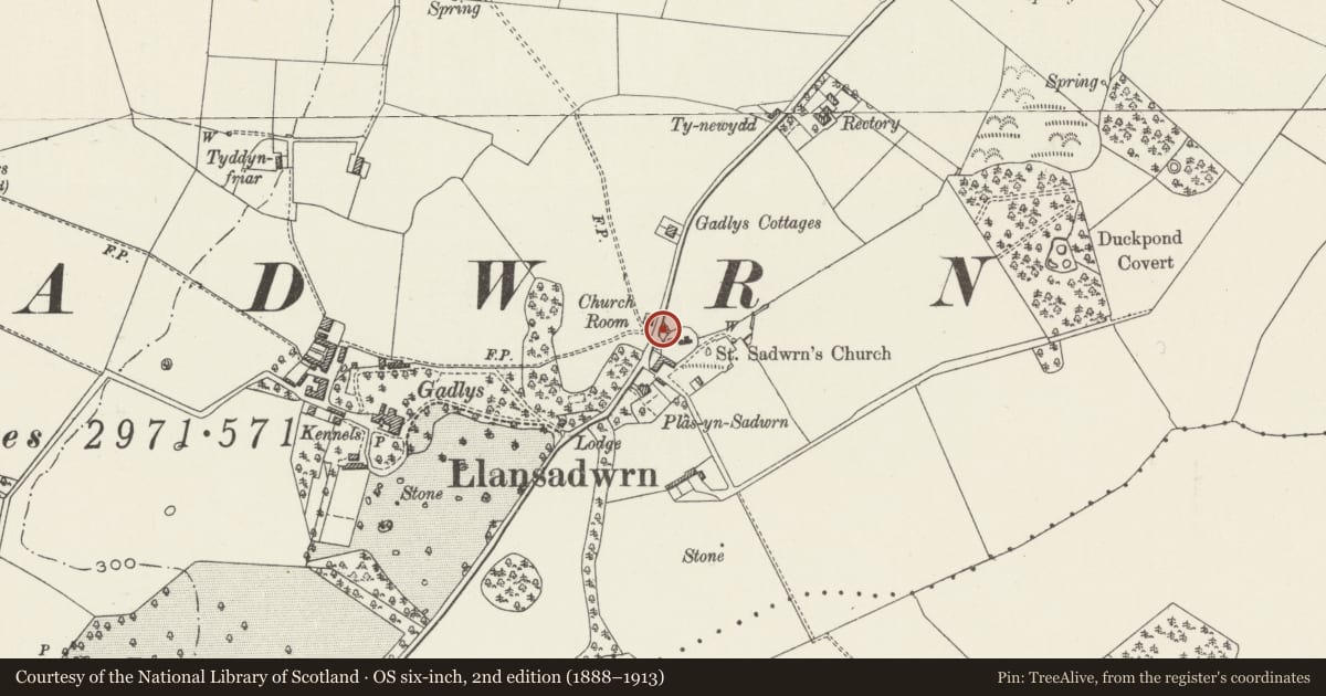 Ordnance Survey six-inch map, 2nd edition (1888–1913) covering the location of Commemorative cross at Church of St Sadwrn, Cwm Cadnant, Isle of Anglesey, with a pin at the register's coordinates