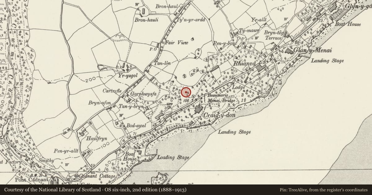 Ordnance Survey six-inch map, 2nd edition (1888–1913) covering the location of Garden house at Min y Twr, Cwm Cadnant, Isle of Anglesey, with a pin at the register's coordinates