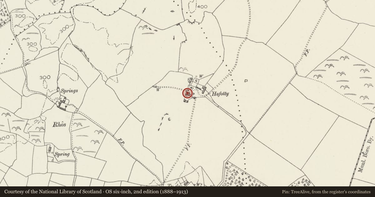 Ordnance Survey six-inch map, 2nd edition (1888–1913) covering the location of Hafotty, Cwm Cadnant, Isle of Anglesey, with a pin at the register's coordinates