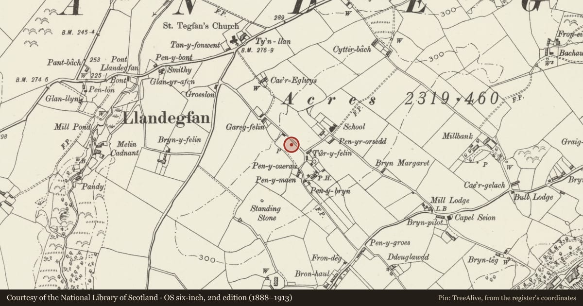 Ordnance Survey six-inch map, 2nd edition (1888–1913) covering the location of Llandegfan Parish Hall, Cwm Cadnant, Isle of Anglesey, with a pin at the register's coordinates