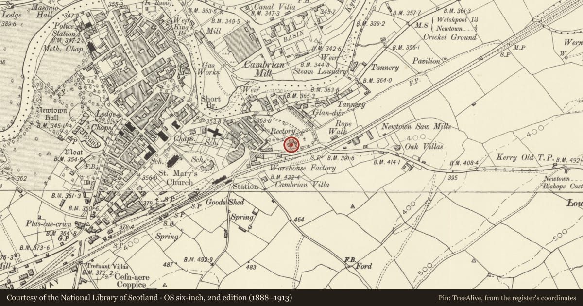 Ordnance Survey six-inch map, 2nd edition (1888–1913) covering the location of Former Servants Wing at the Rectory, Newtown and Llanllwchaiarn, Powys, with a pin at the register's coordinates