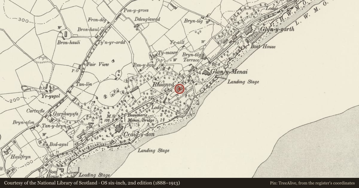 Ordnance Survey six-inch map, 2nd edition (1888–1913) covering the location of Plas Rhianfa, Cwm Cadnant, Isle of Anglesey, with a pin at the register's coordinates