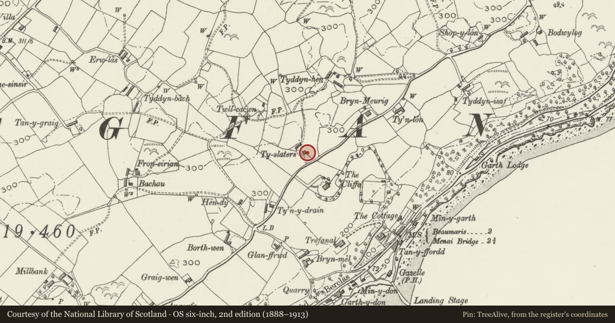 Ordnance Survey six-inch map, 2nd edition (1888–1913) covering the location of Ty Slaters, Cwm Cadnant, Isle of Anglesey, with a pin at the register's coordinates
