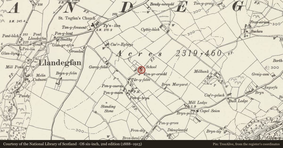 Ordnance Survey six-inch map, 2nd edition (1888–1913) covering the location of Wellhouse by Hen Ysgol, Cwm Cadnant, Isle of Anglesey, with a pin at the register's coordinates