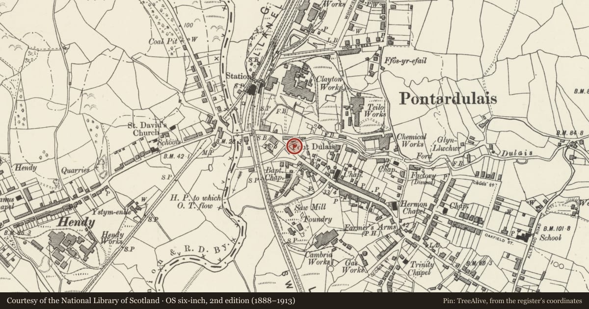 Ordnance Survey six-inch map, 2nd edition (1888–1913) covering the location of The War Memorial, Pontardulais, Swansea, with a pin at the register's coordinates