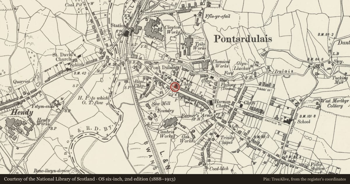 Ordnance Survey six-inch map, 2nd edition (1888–1913) covering the location of Wall and Railings at Hope Independent Chapel, Pontardulais, Swansea, with a pin at the register's coordinates