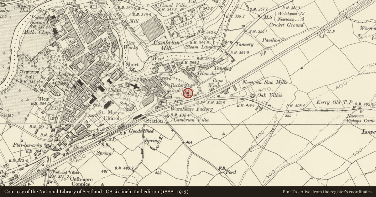 Ordnance Survey six-inch map, 2nd edition (1888–1913) covering the location of Stable Block at The Rectory, Newtown and Llanllwchaiarn, Powys, with a pin at the register's coordinates