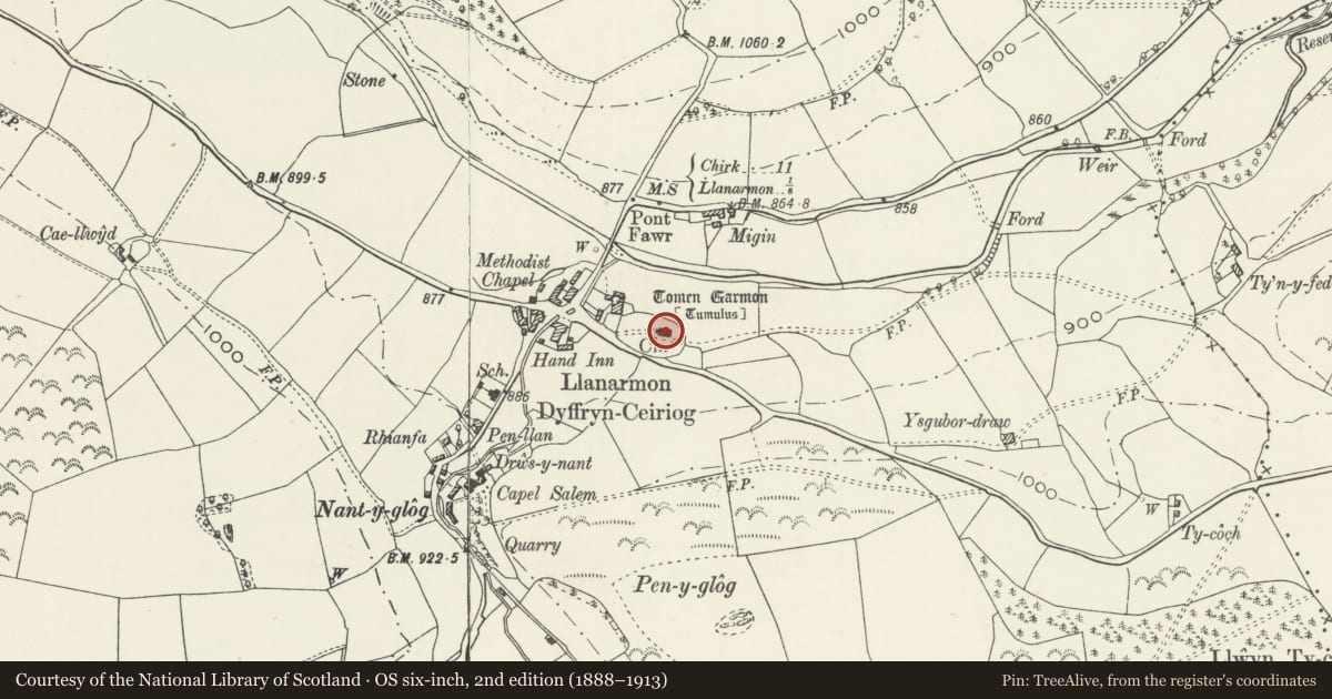 Ordnance Survey six-inch map, 2nd edition (1888–1913) covering the location of Church of St Garmon, Ceiriog Ucha, Wrexham, with a pin at the register's coordinates