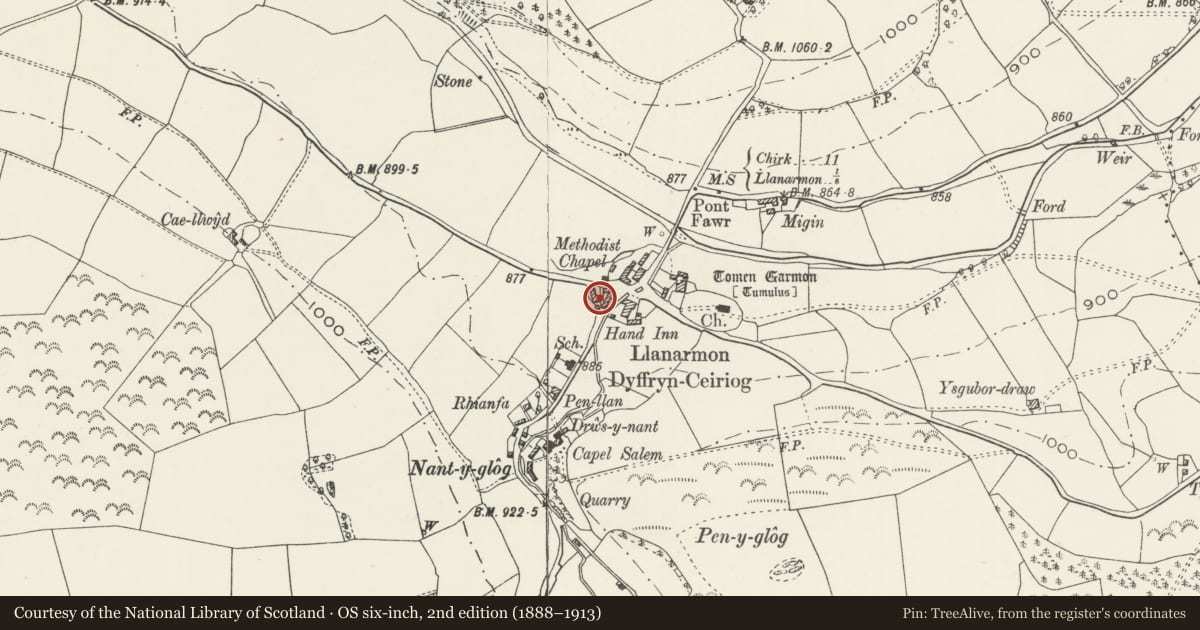 Ordnance Survey six-inch map, 2nd edition (1888–1913) covering the location of Old Mill Welsh Shop, Ceiriog Ucha, Wrexham, with a pin at the register's coordinates