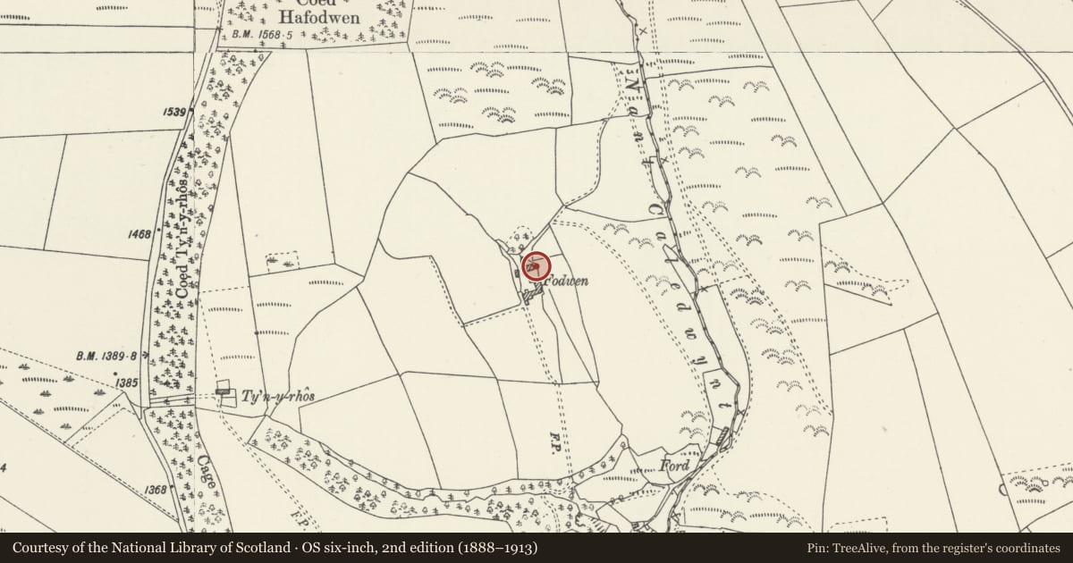 Ordnance Survey six-inch map, 2nd edition (1888–1913) covering the location of Fodwen, Ceiriog Ucha, Wrexham, with a pin at the register's coordinates