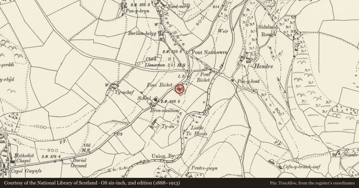 Ordnance Survey six-inch map, 2nd edition (1888–1913) covering the location of Pontricket Farmhouse, Ceiriog Ucha, Wrexham, with a pin at the register's coordinates
