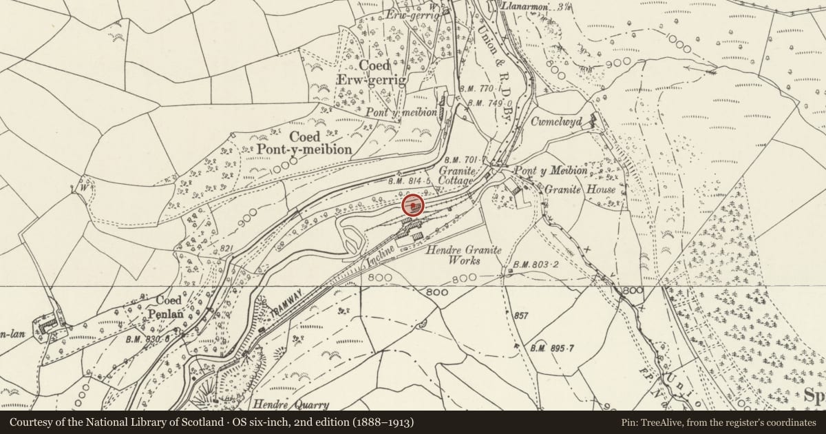 Ordnance Survey six-inch map, 2nd edition (1888–1913) covering the location of Building at former Powder Works, Hendre Quarry, Ceiriog Ucha, Wrexham, with a pin at the register's coordinates