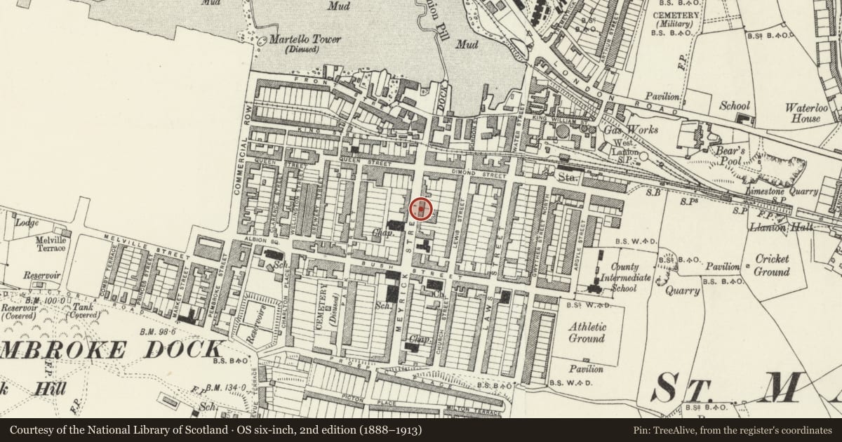 Ordnance Survey six-inch map, 2nd edition (1888–1913) covering the location of 17-21 (odd) Meyrick Street, Pembroke Dock, Pembrokeshire, with a pin at the register's coordinates