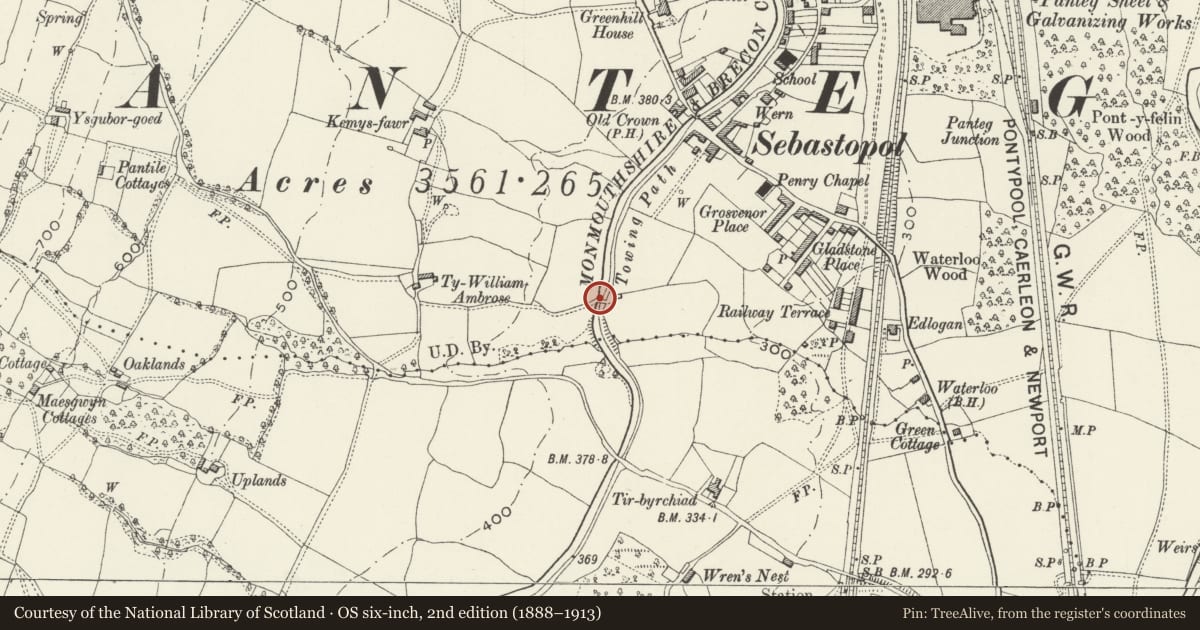 Ordnance Survey six-inch map, 2nd edition (1888–1913) covering the location of Canal Bridge No 47 on Monmouthshire and Brecon Canal, Panteg, Torfaen, with a pin at the register's coordinates