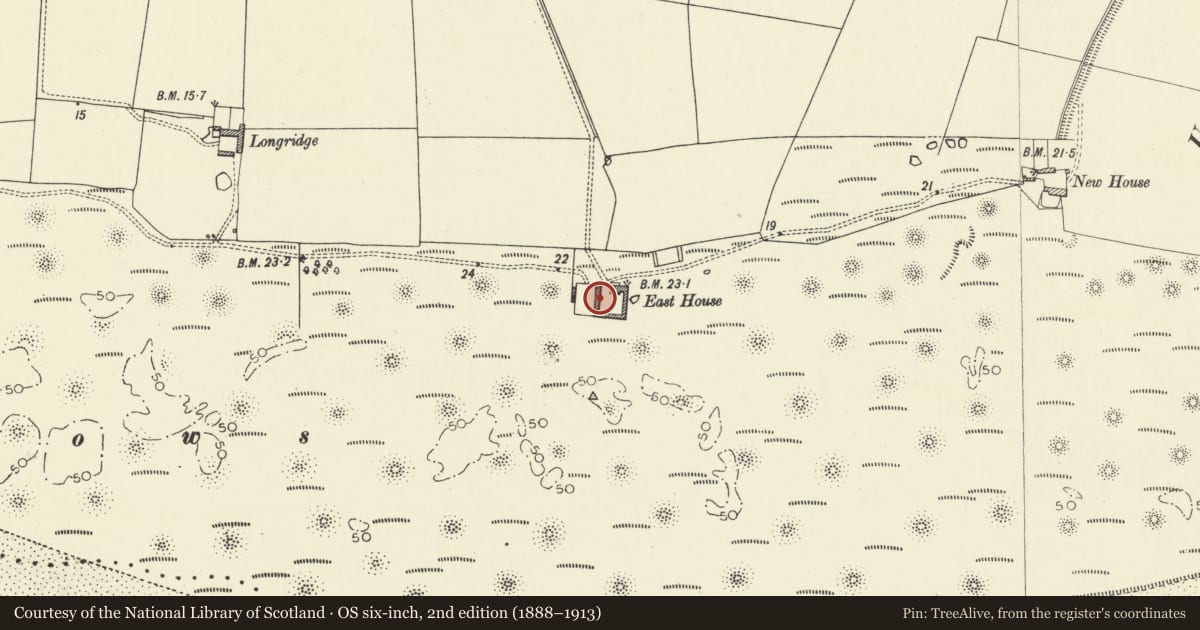 Ordnance Survey six-inch map, 2nd edition (1888–1913) covering the location of Barn Range at East House Farm, Laugharne Township, Carmarthenshire, with a pin at the register's coordinates
