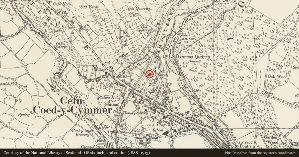 Ordnance Survey six-inch map, 2nd edition (1888–1913) covering the location of Church of St John the Baptist, Vaynor, Merthyr Tydfil, with a pin at the register's coordinates