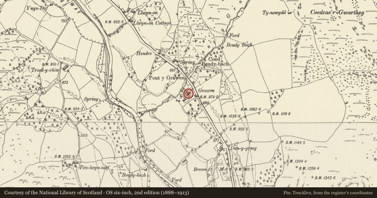 Ordnance Survey six-inch map, 2nd edition (1888–1913) covering the location of Coach-house at Grawen Farm, Vaynor, Merthyr Tydfil, with a pin at the register's coordinates