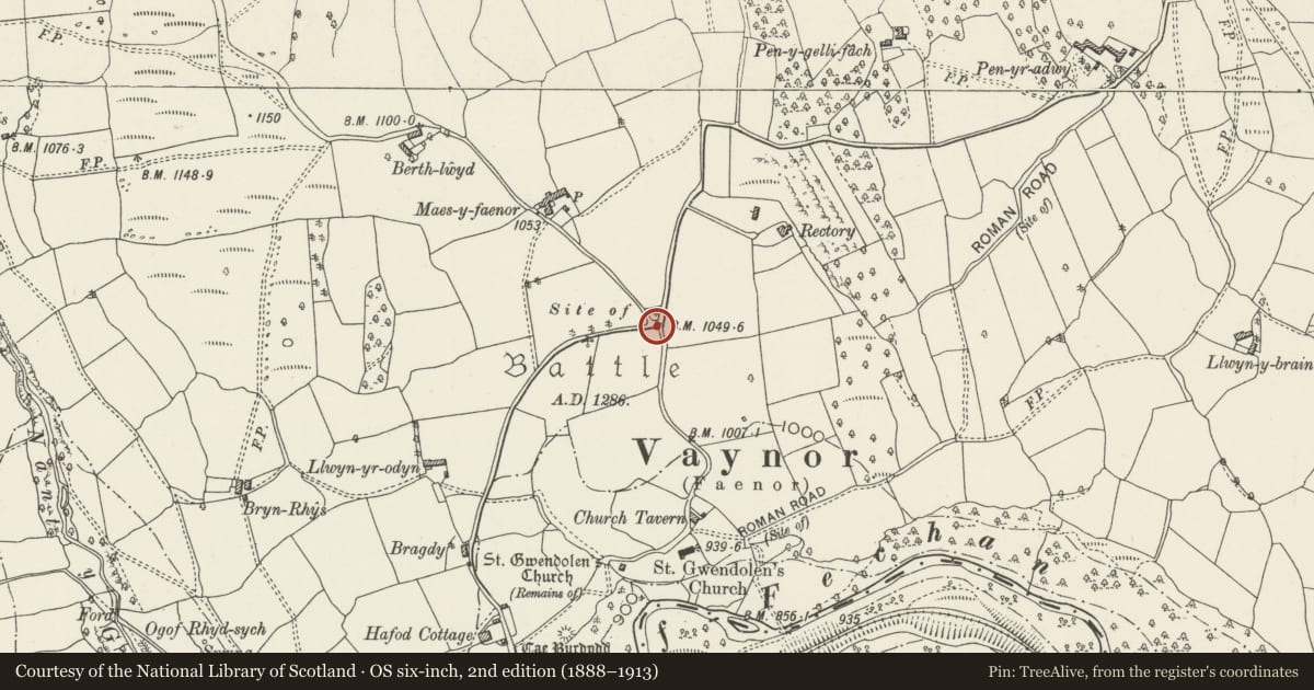 Ordnance Survey six-inch map, 2nd edition (1888–1913) covering the location of Fingerpost near Church of St Gwynno, Vaynor, Merthyr Tydfil, with a pin at the register's coordinates