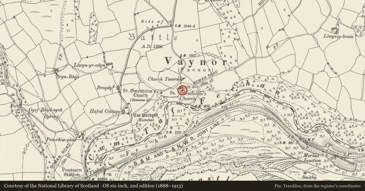 Ordnance Survey six-inch map, 2nd edition (1888–1913) covering the location of Gravestone of Robert Thompson Crawshay and surrounding railings, Vaynor, Merthyr Tydfil, with a pin at the register's coordinates