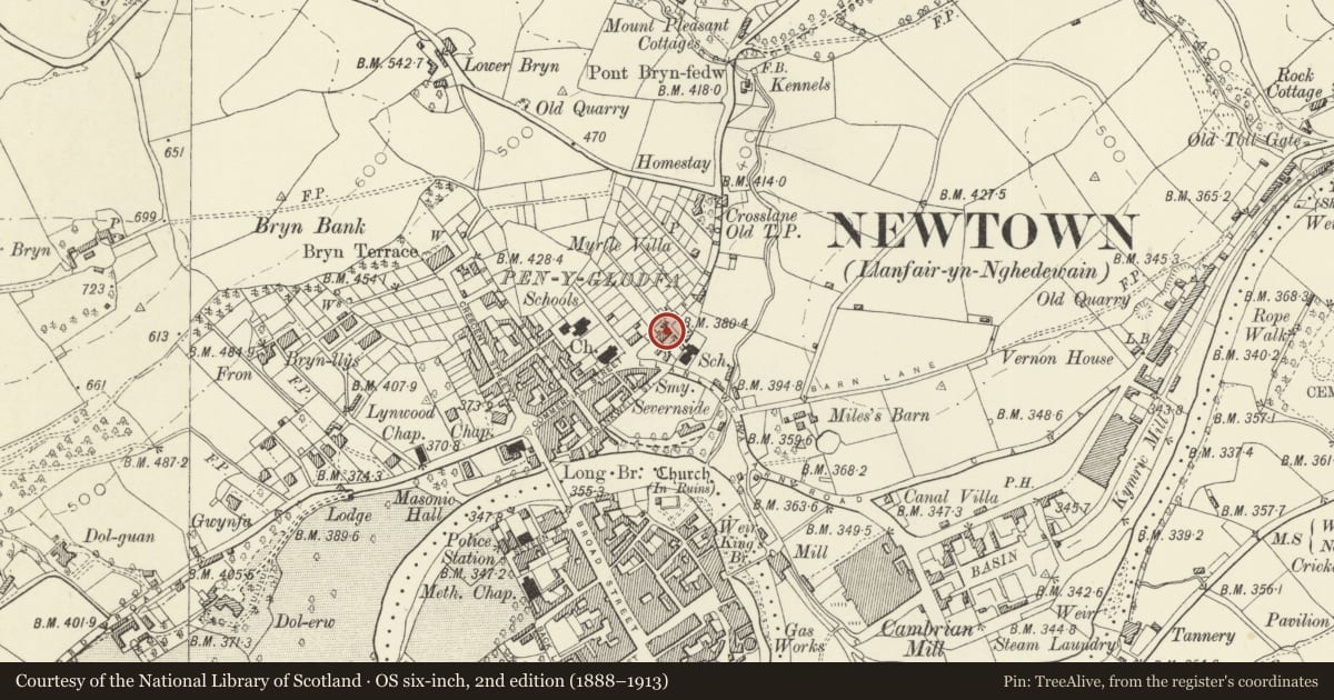 Ordnance Survey six-inch map, 2nd edition (1888–1913) covering the location of 16 Llanfair Road, Newtown and Llanllwchaiarn, Powys, with a pin at the register's coordinates