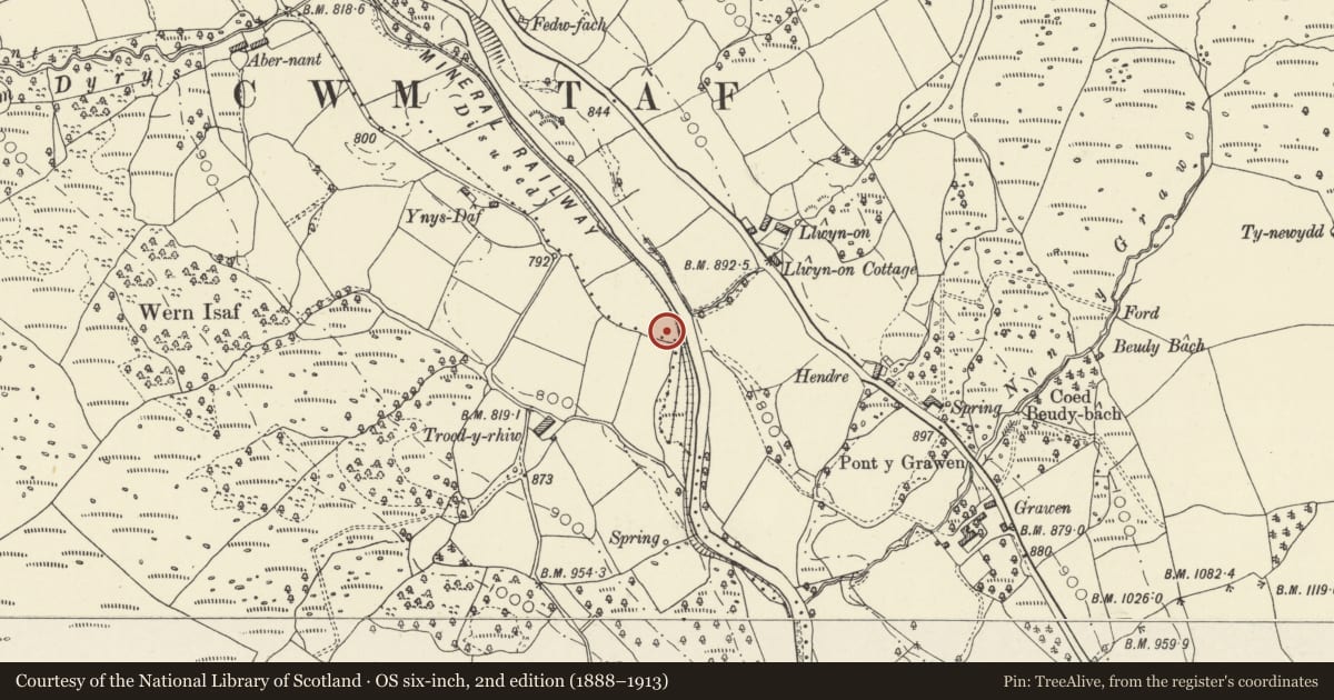 Ordnance Survey six-inch map, 2nd edition (1888–1913) covering the location of Llwyn-on Reservoir dam, including valve house and spillway (partly in Hirwaun community), Vaynor, Merthyr Tydfil, with a pin at the register's coordinates