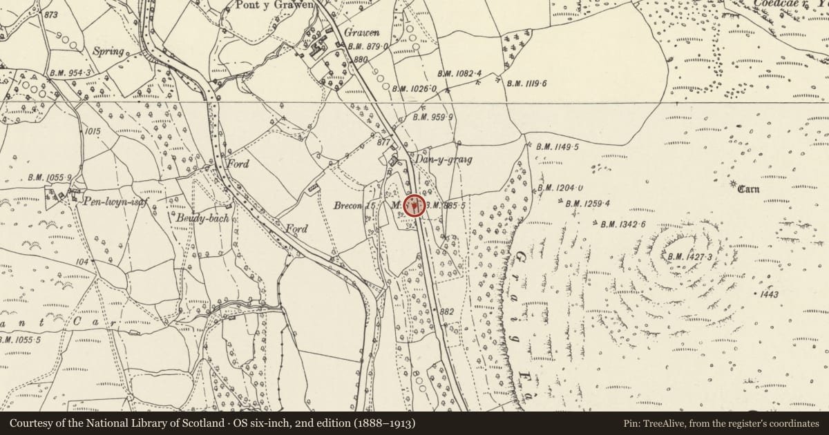 Ordnance Survey six-inch map, 2nd edition (1888–1913) covering the location of Milestone on A470 near Dan-y-graig, Vaynor, Merthyr Tydfil, with a pin at the register's coordinates