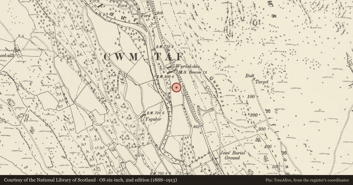 Ordnance Survey six-inch map, 2nd edition (1888–1913) covering the location of Milestone on A470 near Wyrlod-ddu, Vaynor, Merthyr Tydfil, with a pin at the register's coordinates