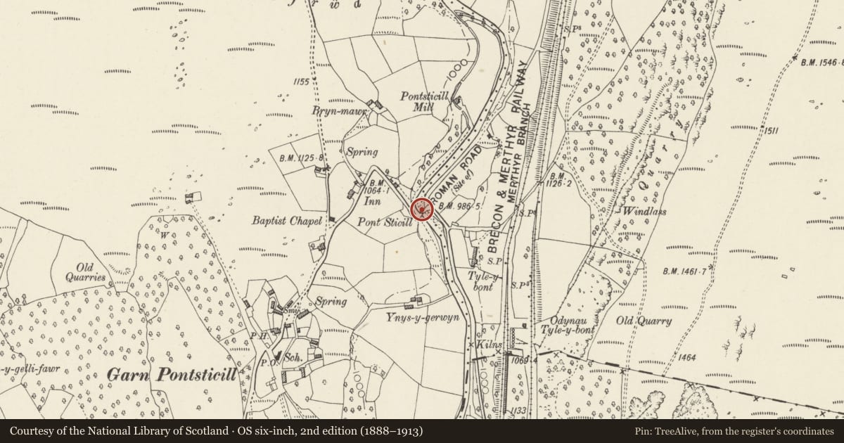 Ordnance Survey six-inch map, 2nd edition (1888–1913) covering the location of Pont Sticill (also known as Pontsticill Bridge), Vaynor, Merthyr Tydfil, with a pin at the register's coordinates