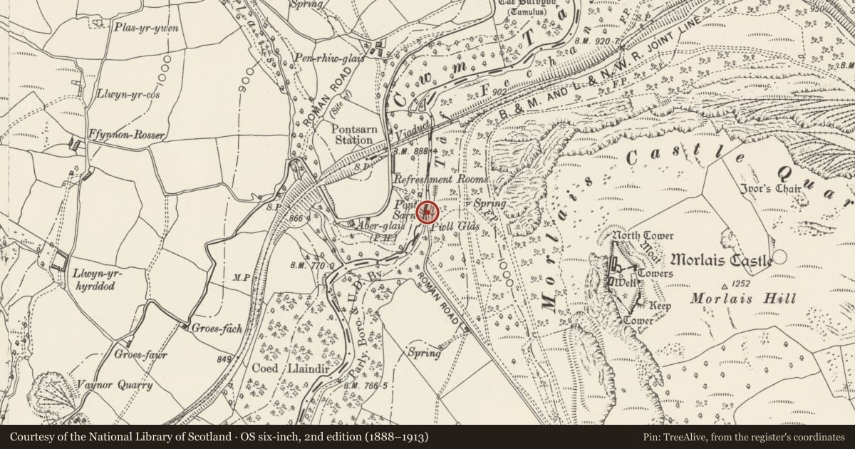 Ordnance Survey six-inch map, 2nd edition (1888–1913) covering the location of Pont-Sarn, Pant, Merthyr Tydfil, with a pin at the register's coordinates