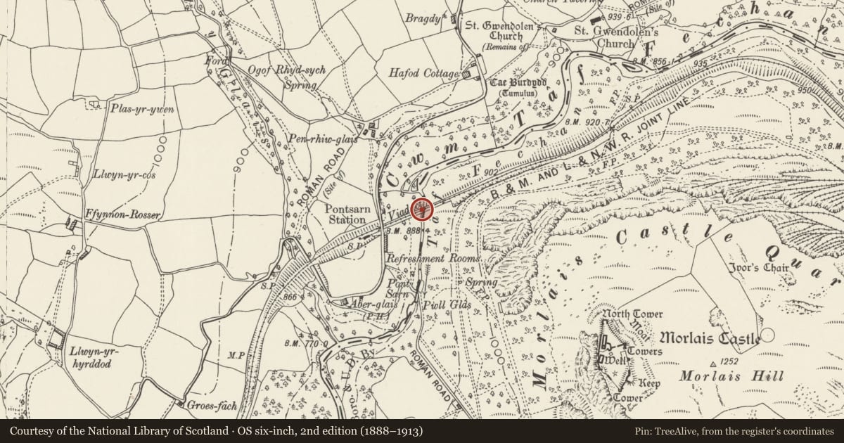 Ordnance Survey six-inch map, 2nd edition (1888–1913) covering the location of Pontsarn Railway Viaduct (also in Pant Community), Vaynor, Merthyr Tydfil, with a pin at the register's coordinates