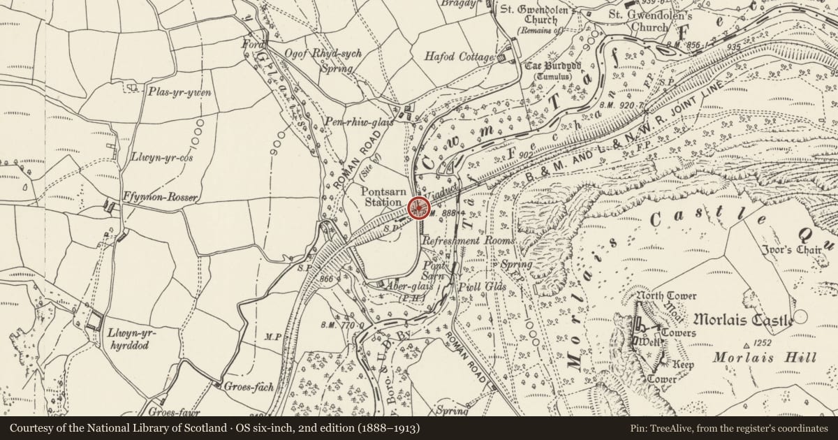 Ordnance Survey six-inch map, 2nd edition (1888–1913) covering the location of Road bridge near former Pontsarn Station, Vaynor, Merthyr Tydfil, with a pin at the register's coordinates