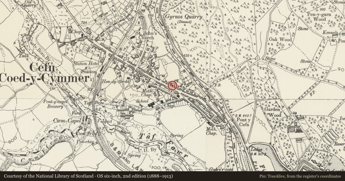 Ordnance Survey six-inch map, 2nd edition (1888–1913) covering the location of Vaynor War Memorial and attached railings, Merthyr Tydfil, with a pin at the register's coordinates