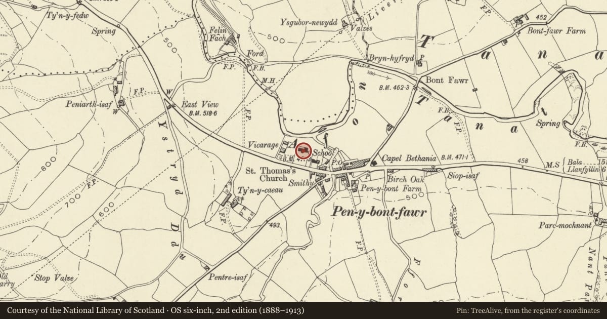Ordnance Survey six-inch map, 2nd edition (1888–1913) covering the location of Parish Church of St Thomas, Pen-y-bont-Fawr, Powys, with a pin at the register's coordinates